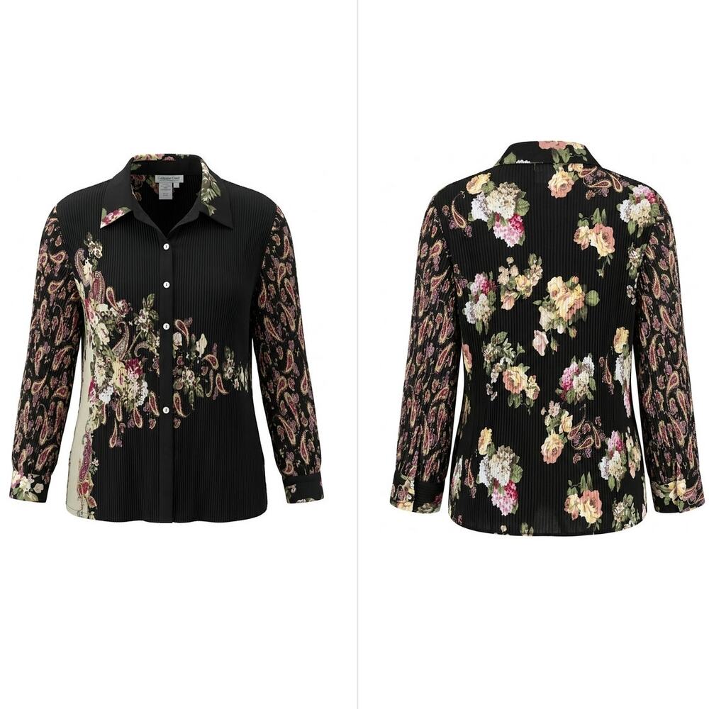 Coldwater Creek Black Pleated Plisse Floral Paisley Blouse Women Size L